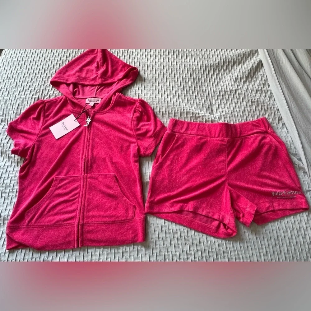 Juicy Couture Fuchsia Towel Set Short Sleeve Zip Up and Shorts
